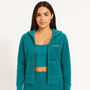 Guess Velour Crop Hoodie Zip-Up Teal Green Size M
